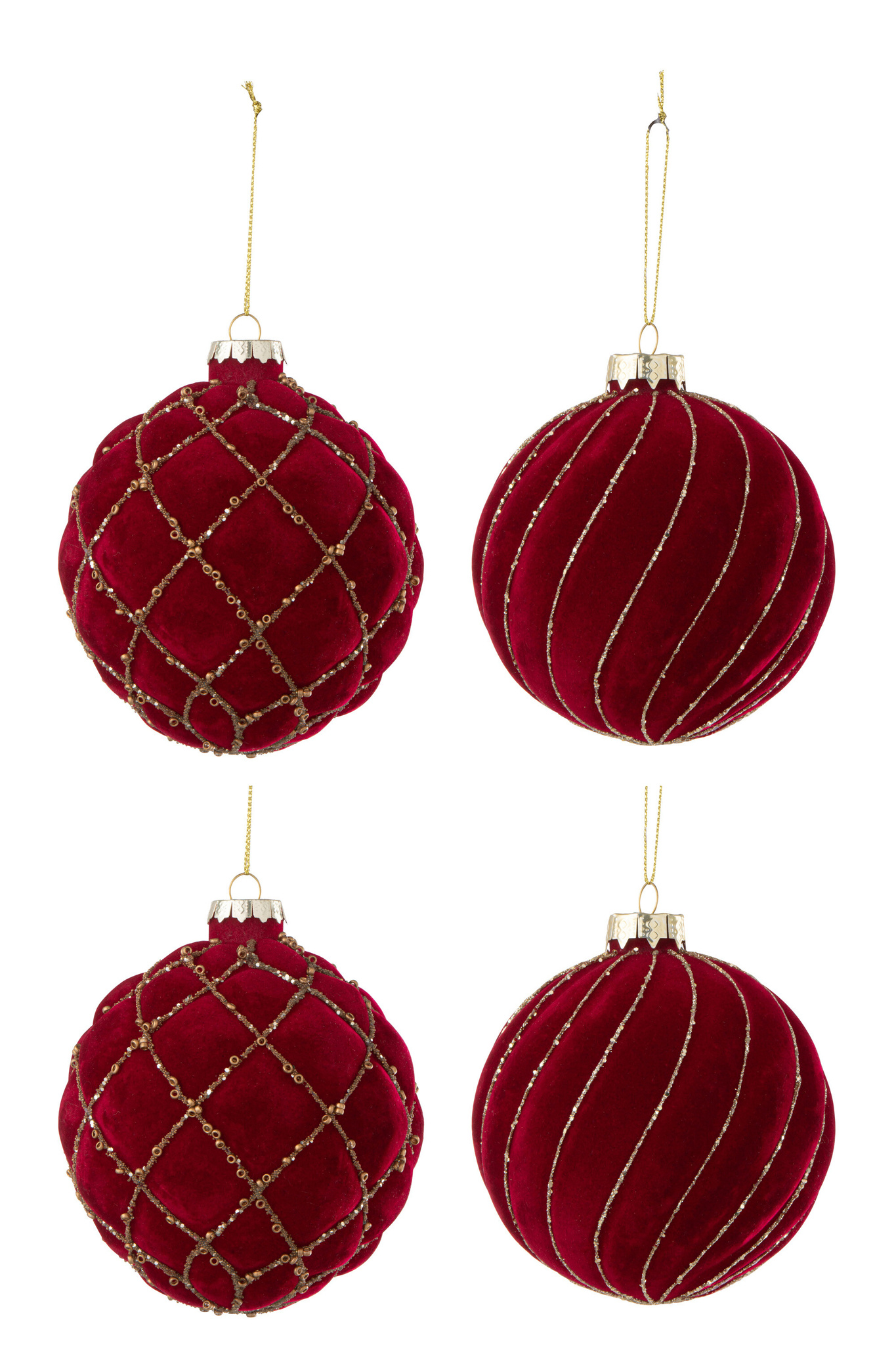 J-LINE DOOS VAN 4 KERSTBALLEN 2+2 LIJNEN/GERUIT FLUWEEL ROOD/GOUD
