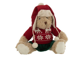 J-LINE BEERMEISJE KERSTTRUI + HOED TEXTIEL BEIGE/ROOD GROOT