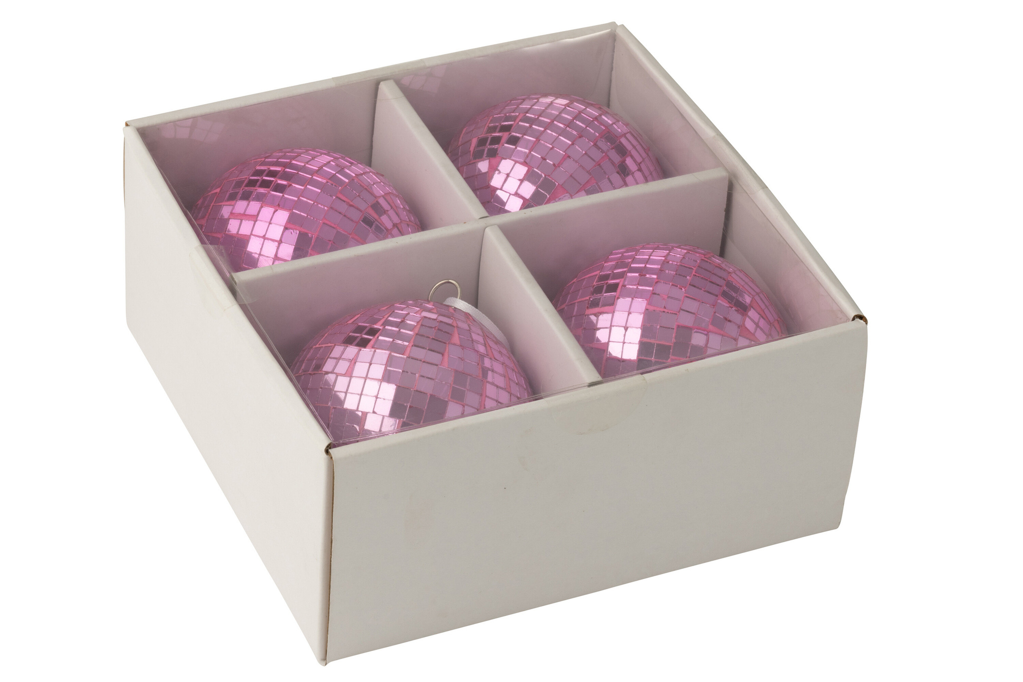 J-LINE DOOS VAN 4 KERSTBALLEN SPIEGELGLAS ROZE GROOT