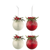 J-LINE DOOS VAN 4 KERSTBALLEN KERST DECO + BESSEN SUIKERGLAS WIT/ROOD KLEIN