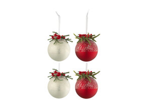J-LINE DOOS VAN 4 KERSTBALLEN KERST DECO + BESSEN SUIKERGLAS WIT/ROOD KLEIN