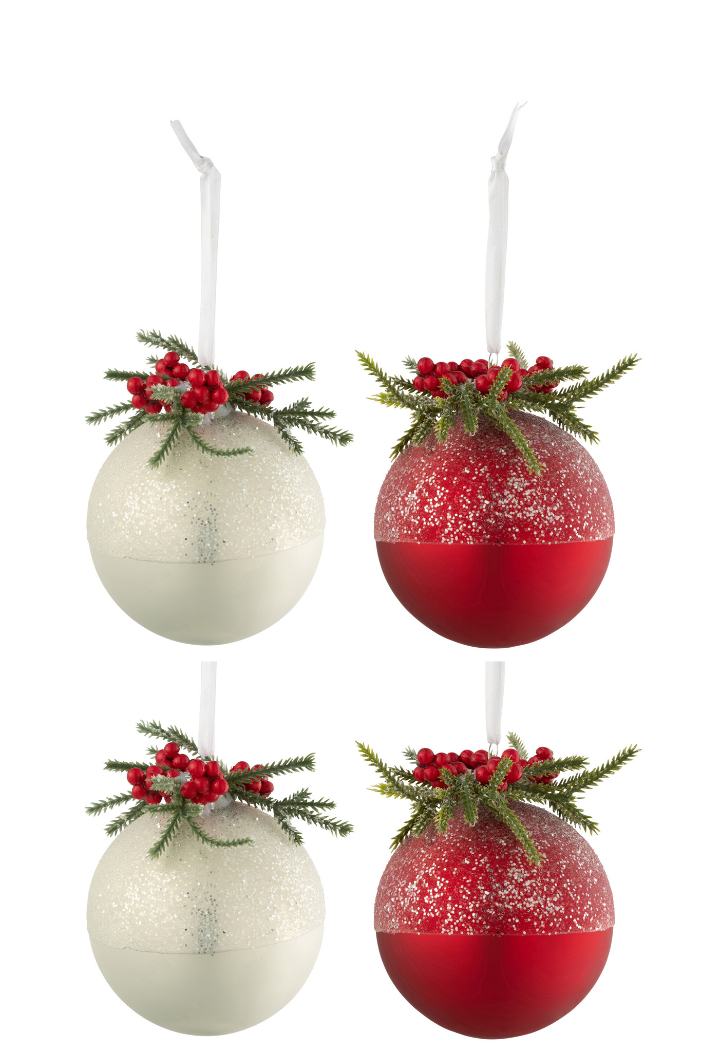 J-LINE DOOS VAN 4 KERSTBALLEN KERST DECO + BESSEN SUIKERGLAS WIT/ROOD KLEIN