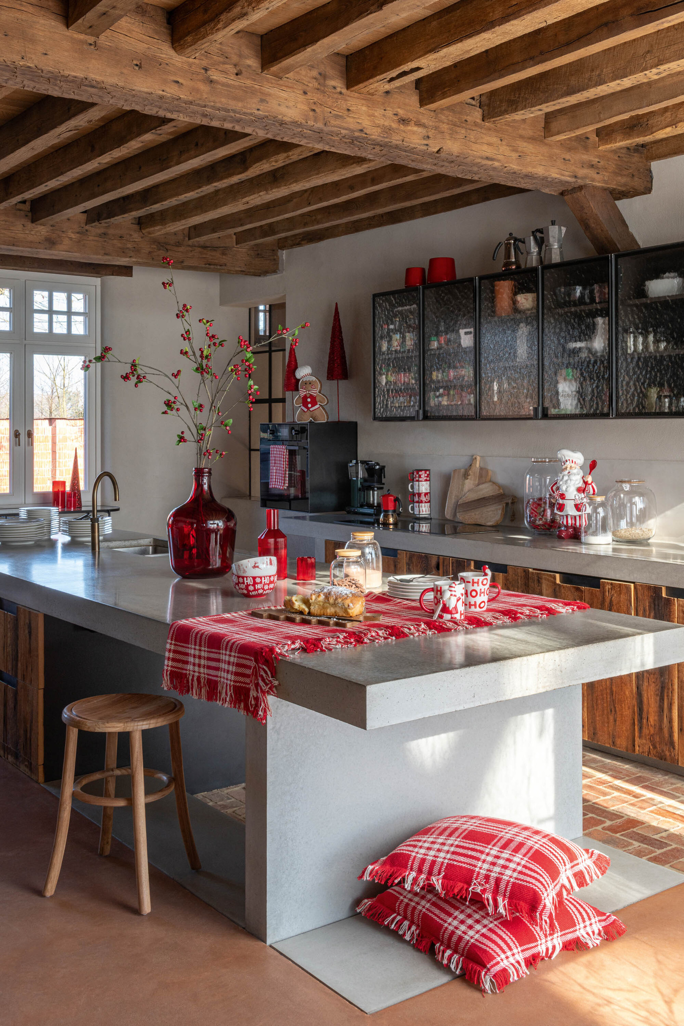 J-LINE DEKEN GERUIT KATOEN KERST ROOD/WIT