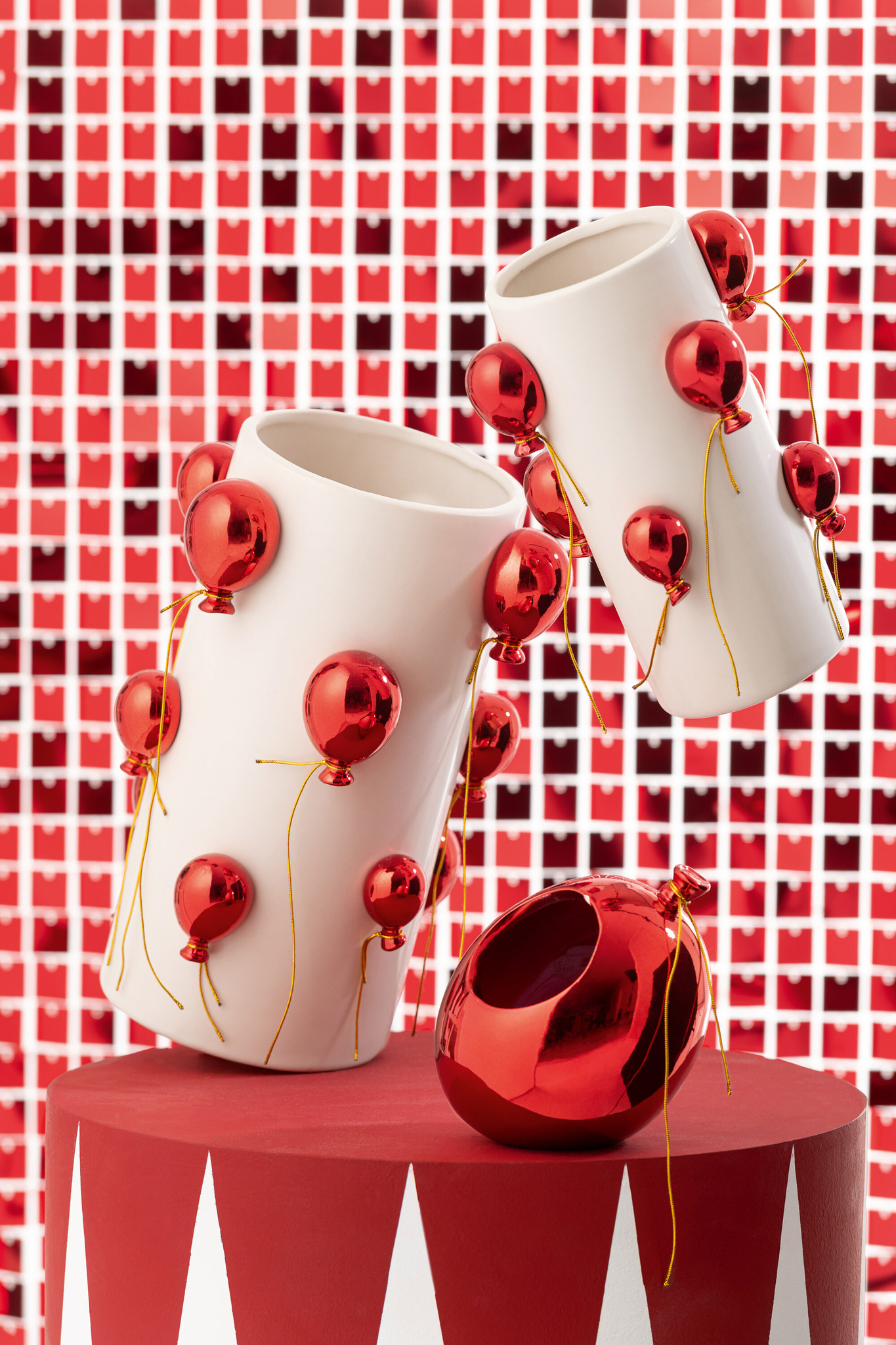 J-LINE VAAS BALLON KERAMIEK WIT/KERST ROOD GROOT