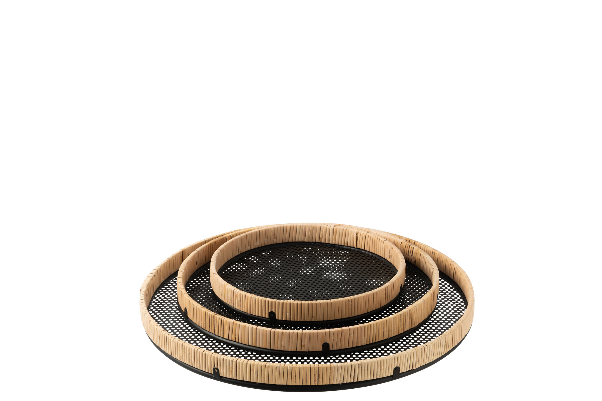 J-LINE SET VAN 3 DIENBLADEN ROND METAAL/ROTAN ZWART/NATUURLIJK