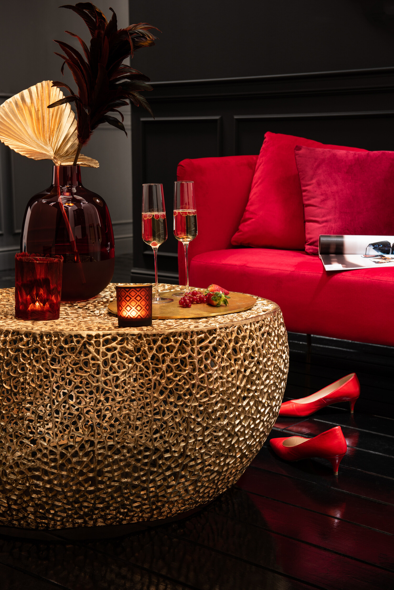 J-LINE SALONTAFEL ROND LAAG KORAALPATROON ALUMINIUM GOUD