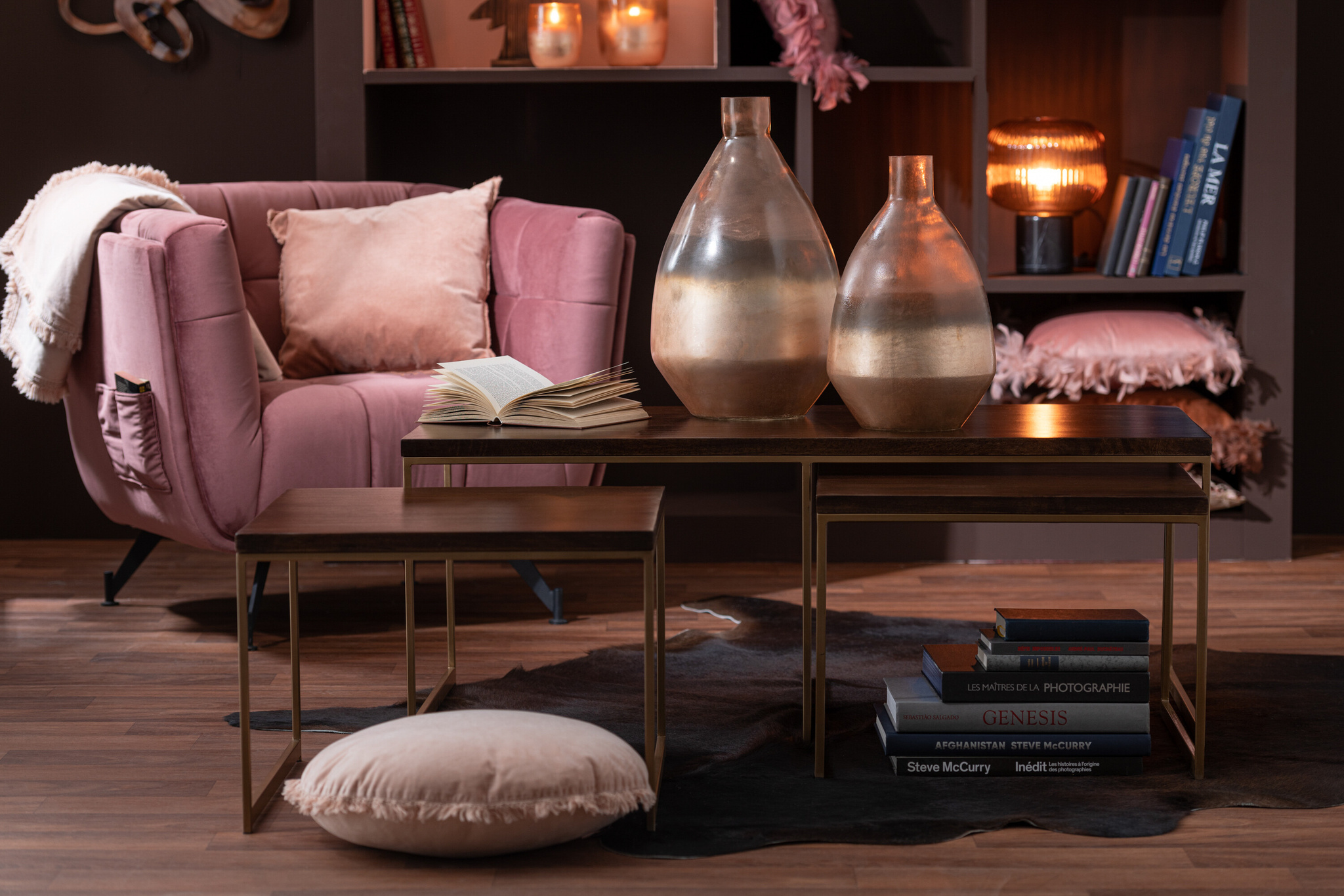 J-LINE SALONTAFEL RAFI 3-DELIG IJZER/MANGOHOUT GOUD/DONKERBRUIN