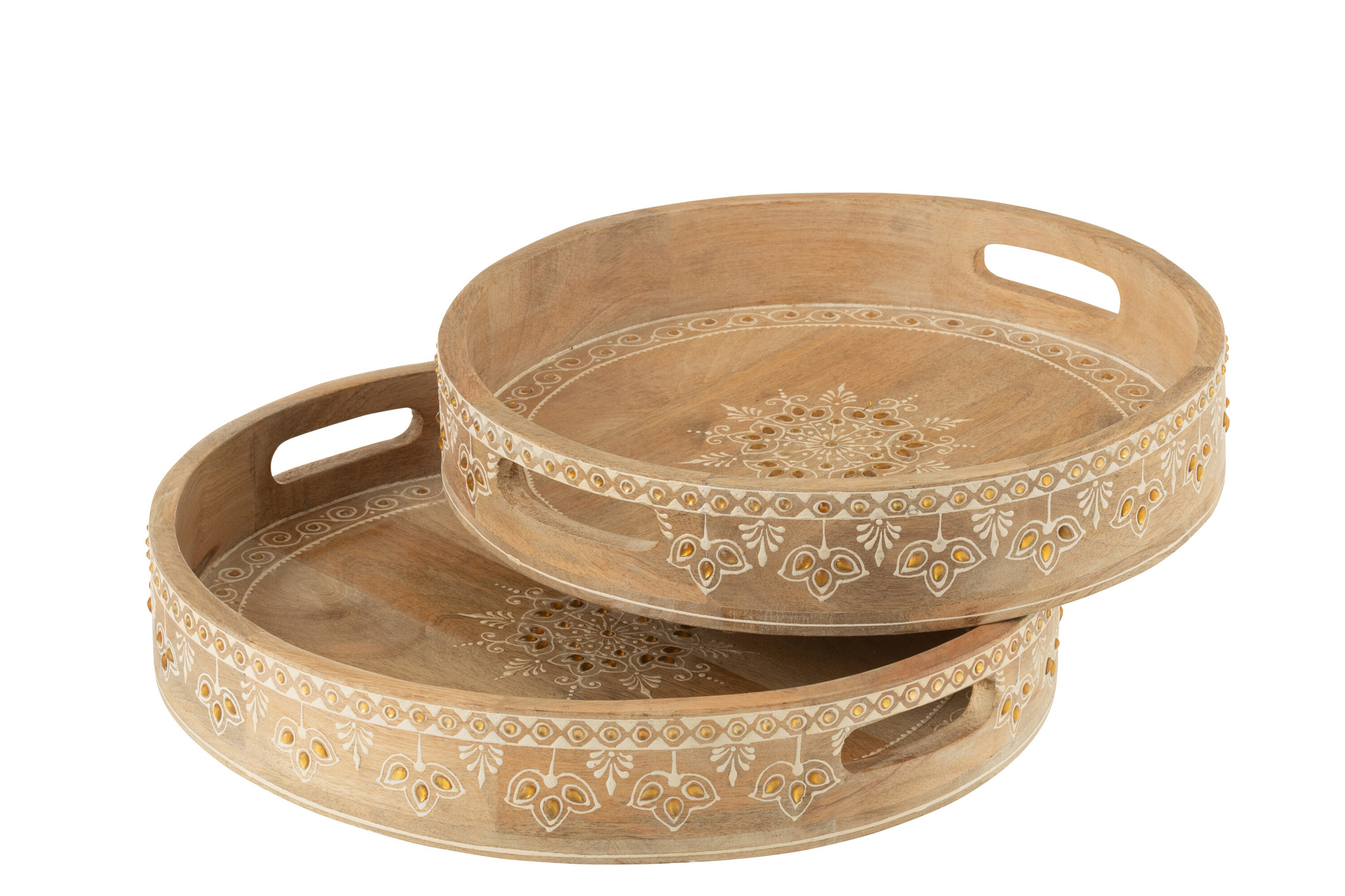 J-LINE SET VAN 2 DIENBLADEN MET 2 HANDVATTEN KRALEN MANGOHOUT NATUURLIJK/WIT