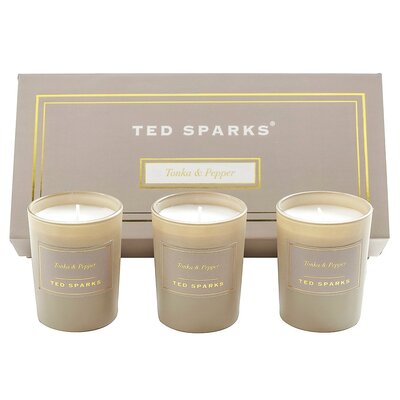 Ted Sparks Coffret cadeau mini bougies Tonka & Poivre, 3 x bougies parfumées toutes les 20 heures