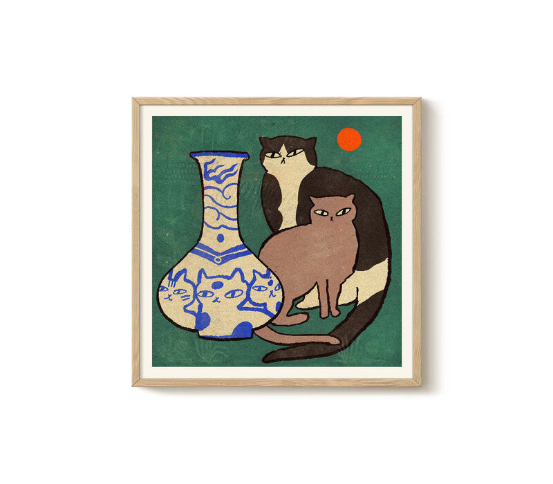 Enikő Eged - Blue vase with Cats 40x40 cm | Poster