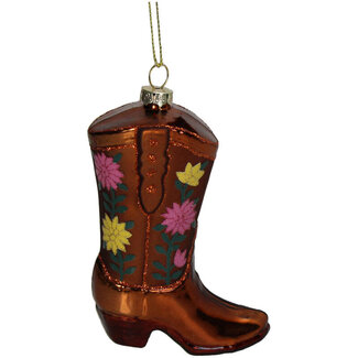 Ornament Cowboy Flower Boot Glass Brown 10.5cm