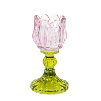 Waxinehouder tulp roze met groen 7.4x14cm