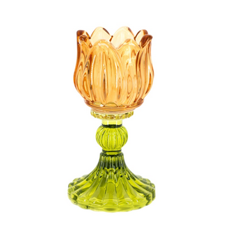 Waxinehouder tulp sandstone met groen | kandelaar glas | 7.4x14cm