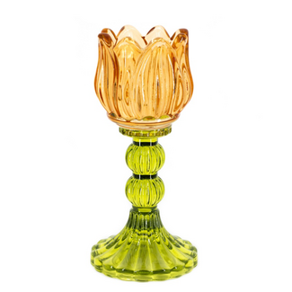 Waxinehouder tulp sandstone met groen 7.5x18cm