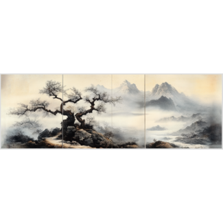 Artframe | Panorama | Oude boom in een bergachtig mistlandschap Japandi | 160x55
