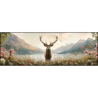 Artframe | Panorama | Hert in een romantisch veld omringd door roze bloemen | 160x55