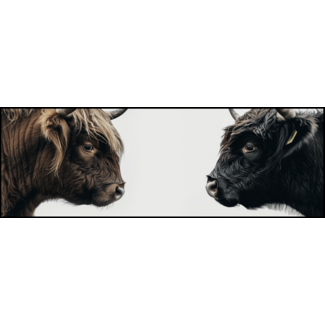 Artframe | Panorama | Bruine en zwarte schotse hooglanders dubbel portret | 160x55