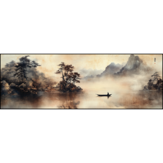 Artframe | Panorama | Mistige bergen en roeiboot op stil water Japandi | 160x55
