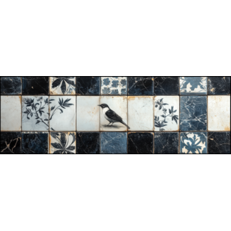 Artframe | Panorama | Zwart witte tegels vogel ontwerp keramiek Delftsblauw | 160x55