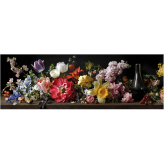 Artframe | Panorama | Donkere vaas tussen kleurrijke lentebloemen stilleven | 160x55