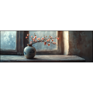 Artframe | Panorama | Stilleven ronde vaas met bloesem bij het raam | 160x55