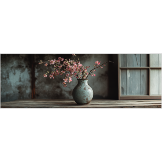 Artframe | Panorama | Stilleven koperen vaas met kersenbloesem op houten tafel | 160x55