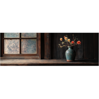 Artframe | Panorama | Stilleven Japanse vaas met felle bloemen in donker interieur | 160x55