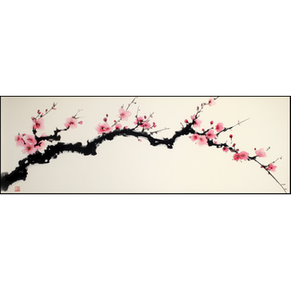 Artframe | Panorama | Minimalistische bloesemtak op wit canvas Japandi | 160x55