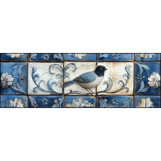 Artframe | Panorama | Blauwe witte tegels vogel bloem decoratie Delfts blauw | 160x55