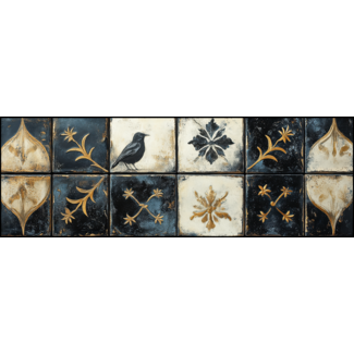 Artframe | Panorama | Luxe zwarte gouden tegels vogelmotieven | 160x55