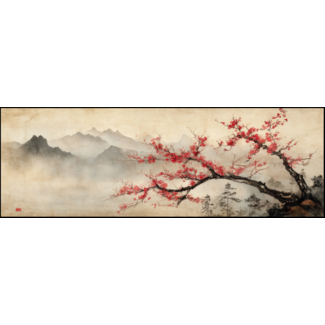 Artframe | Panorama | Kersenbloesem voor mistige bergtoppen Japandi | 160x55