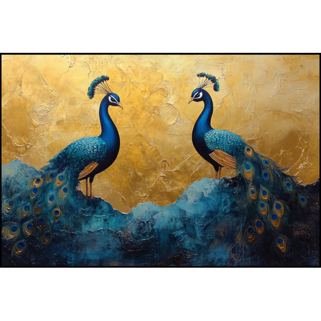 Artframe | Prachtige pauwen schilderij met gouden en blauwe details | 75x50