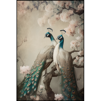 Artframe | Twee pauwen op een boom in beige tinten | 75x50