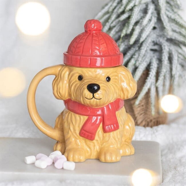 Mok hond met rode muts | Winter Puppy Lidded Mug