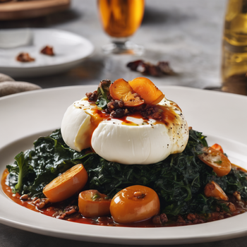  Hoofdgerecht: Romige burrata met gekaramelliseerde paddestoelen, cavolo nero en spicy boter