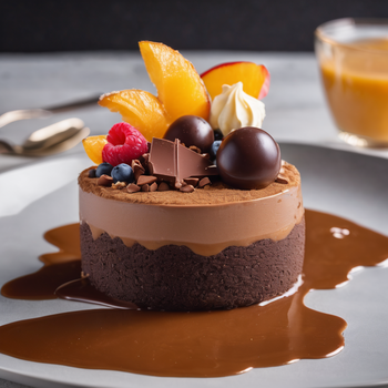  Nagerecht: Chocolademousse met sinasappelslagroom, fruit en dulche de leche