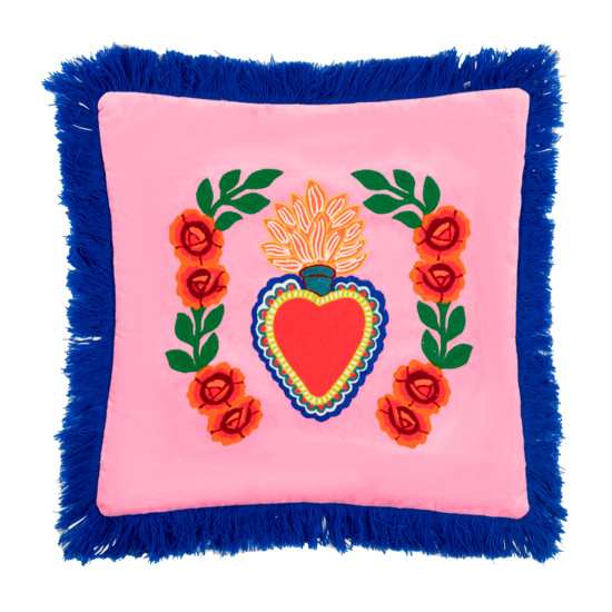 Cojín Milagro Corazón rosa 45x45cm, con flecos de terciopelo