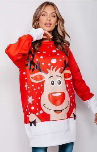 (M) Sweater Jurk Rendier Rood - Dames 