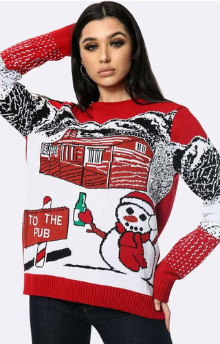 Kersttrui To The Pub Sneeuwpop Rood - Unisex 