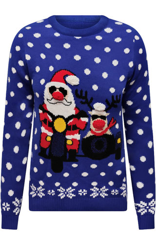 Kersttrui Santa Rendier Motorfiets Blauw - Unisex 