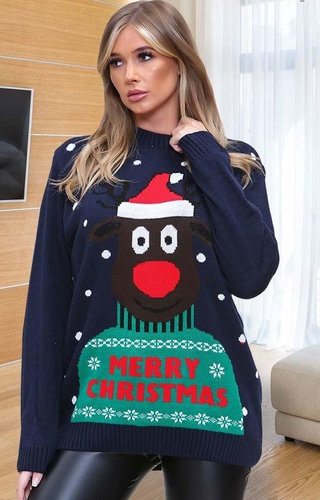 Kersttrui Rendier met Kersttrui Donkerblauw - Unisex Kersttrui Rendier met Kersttrui Donkerblauw - Unisex