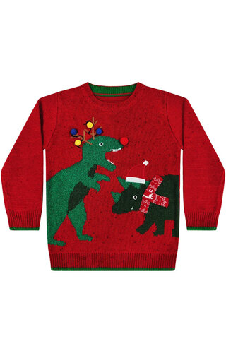 (Maat 86) Kersttrui Dino 3d Ballen Sjaal Rood - Kinderen 