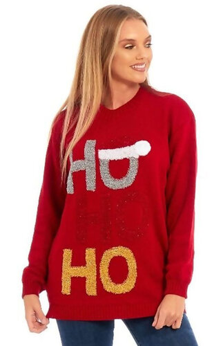 (Maat M) Kersttrui Ho Ho Ho Glitter Rood - Dames 