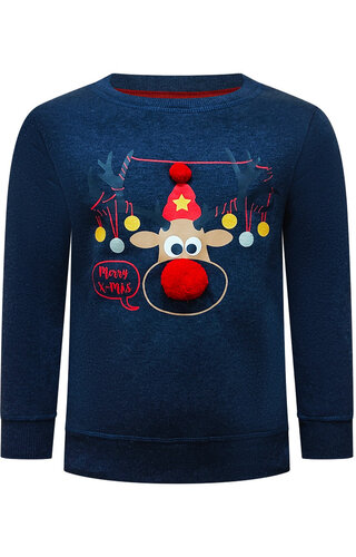 (Maat 110) Kersttrui Rendier 3d Neus Merry Xmas Blauw - Kinderen 