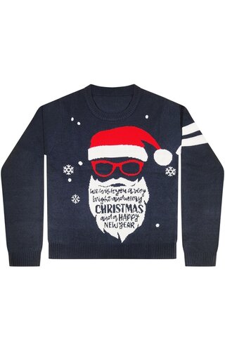 (134/140 & 146/152)  Kersttrui Kerstman Muts Bril Baard Donkerblauw - Jongens 