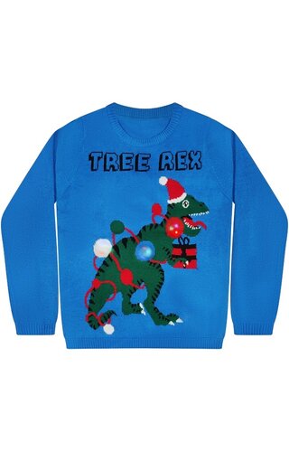 (98/104) Kersttrui Tree Rex Dino Blauw Met Lichtjes - Jongens 