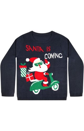 (122/128) Kersttrui Santa Is  Coming Donkerblauw - Jongens 