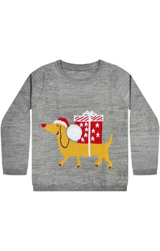 (98-104) Kersttrui Hond Cadeau Grijs -  Meisjes 