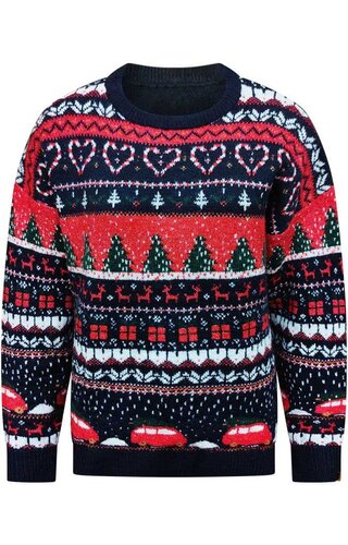 (Maat XL) Kersttrui Kerstboom Auto  Donkerblauw - Dames 