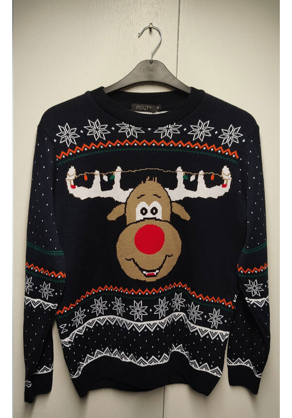 Kersttrui Rendier Kerstlichtjes Donkerblauw - Unisex